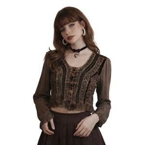 Vintage‎ ENCOUNTER Sheer Velvet Burnout Crop Blouse Brown Y2K 90s